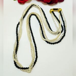 Vintage Black & Clear Glass Crystal Beaded Faux Pearl Multi Strand Necklace 36"
